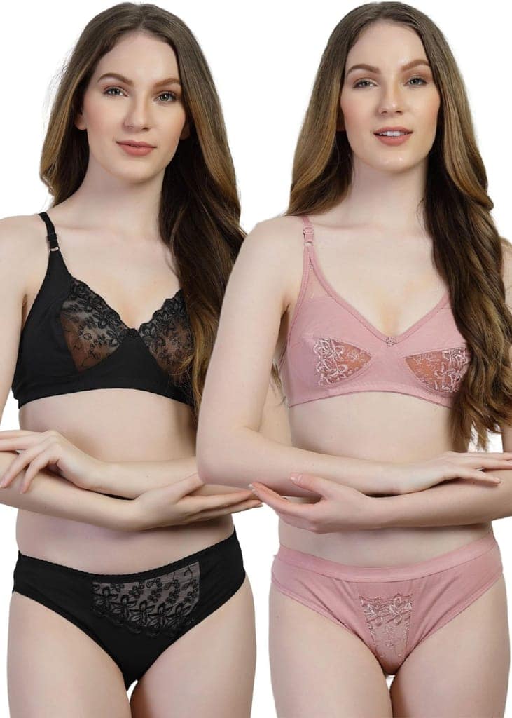adornstar Women Cotton Lingerie Set with Solid Color Design | Non Wired and Non Padded Bra with Full Coverage Hipster Panty Set | Stylish and Soft Stretchable Fabric (Pack of 2) view 2