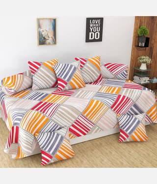 Homefab India Microfibre Orange 3D Print Diwan Set 8 Pcs