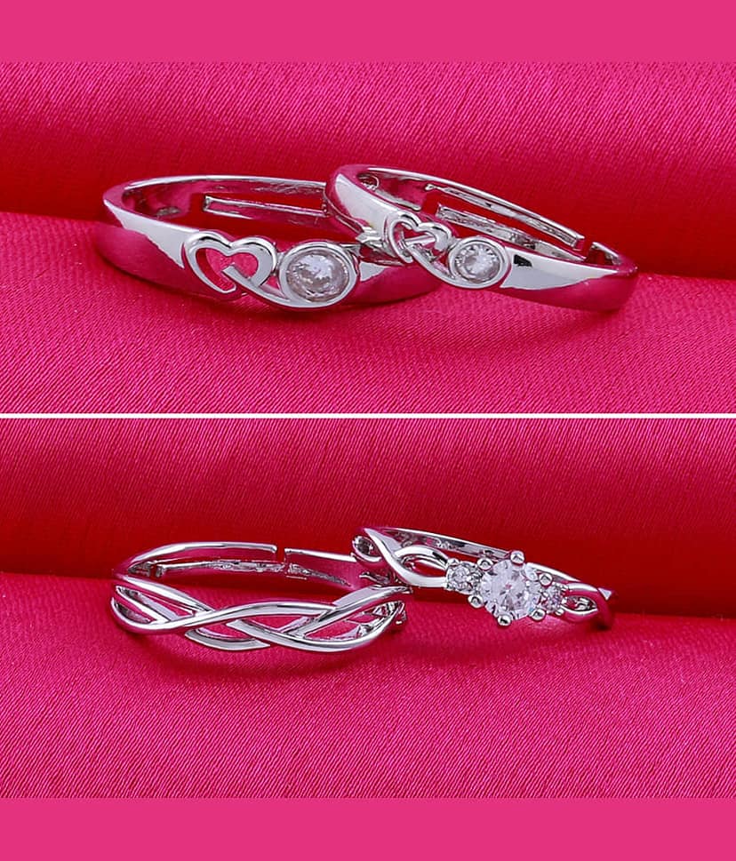 Adjustable Couple Rings Set for lovers Silver Plated Party Wear Solitaire for Men and Women 2 Pair