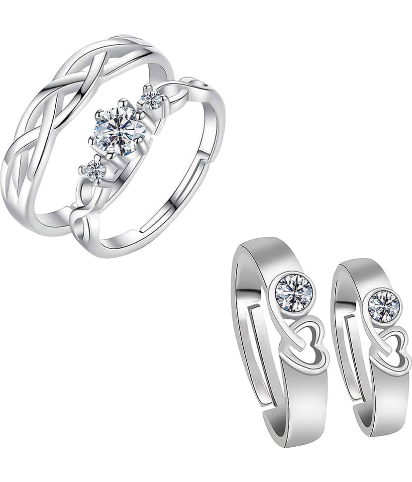 Adjustable Couple Rings Set for lovers Silver Plated Party Wear Solitaire for Men and Women 2 Pair view 2