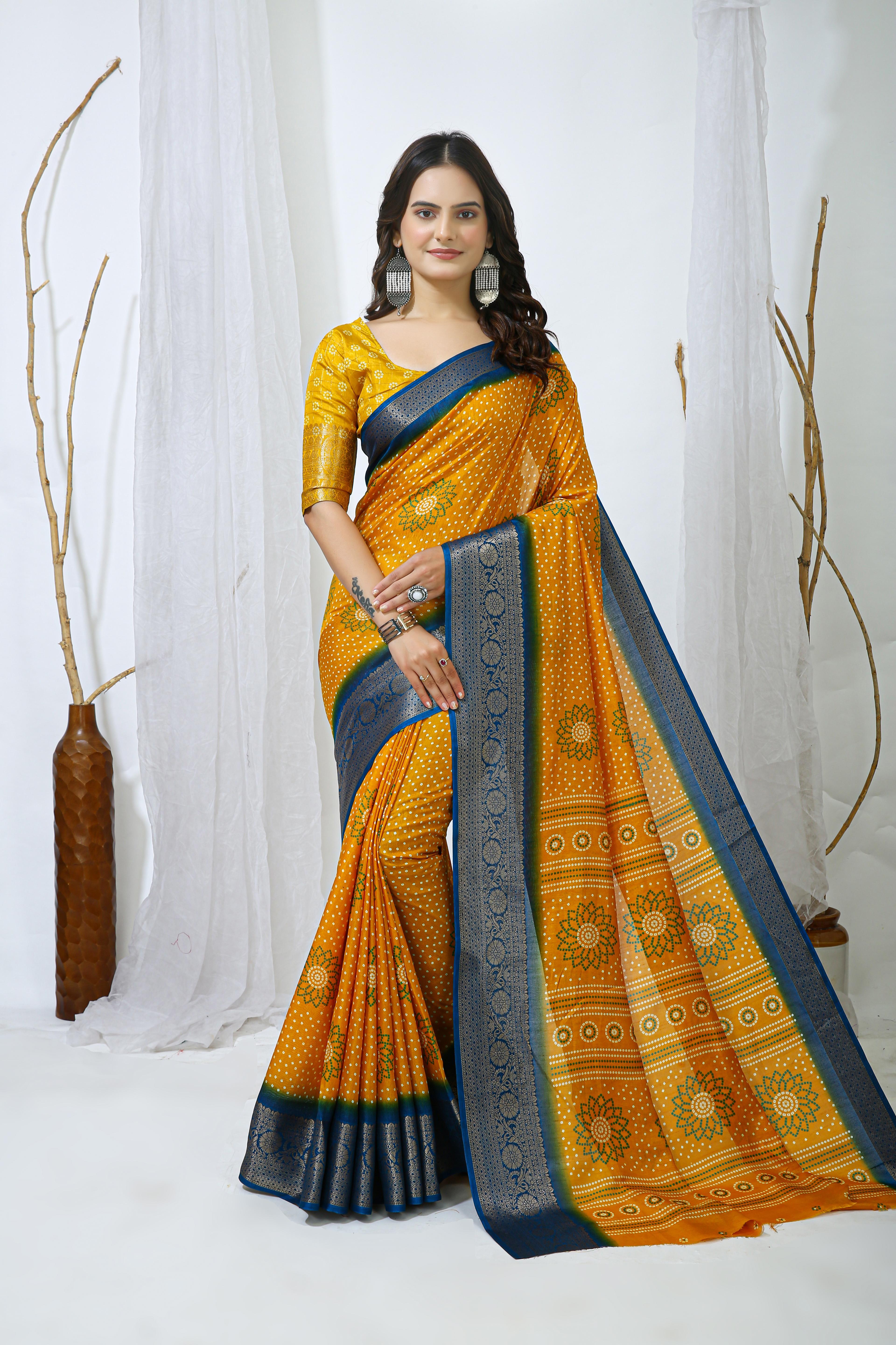 Bandhani Print Dola Silk Saree with Zari Border