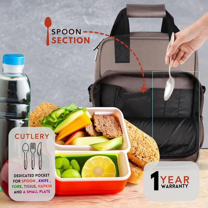 LOREM TB18 Insulated Tiffin Bag, Grey, PVC Coated Fabric, Water Repellent, Keeps Food Hot/Cold for 5-6 Hours view 3