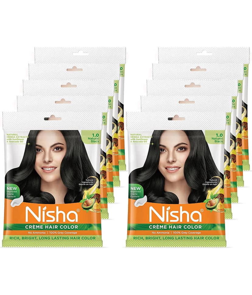 Nisha Creme Hair Color Natural Black 40g Pack of 10, Permanent Hair Color for Women Men, No Ammonia, 100% Grey Coverage