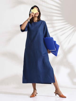 trueBrowns Blue Slub Dress - Blue (6XL)
