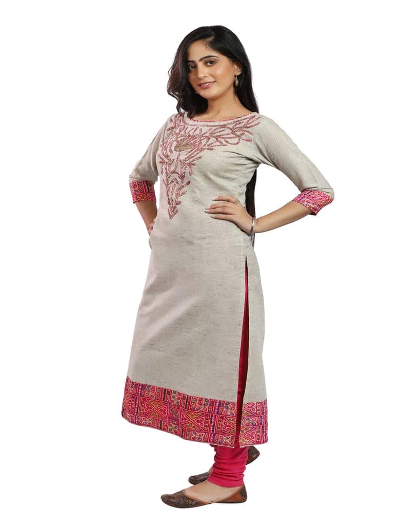Off White Long Handloom Cotton Kurti With Hand Embroidery view 2