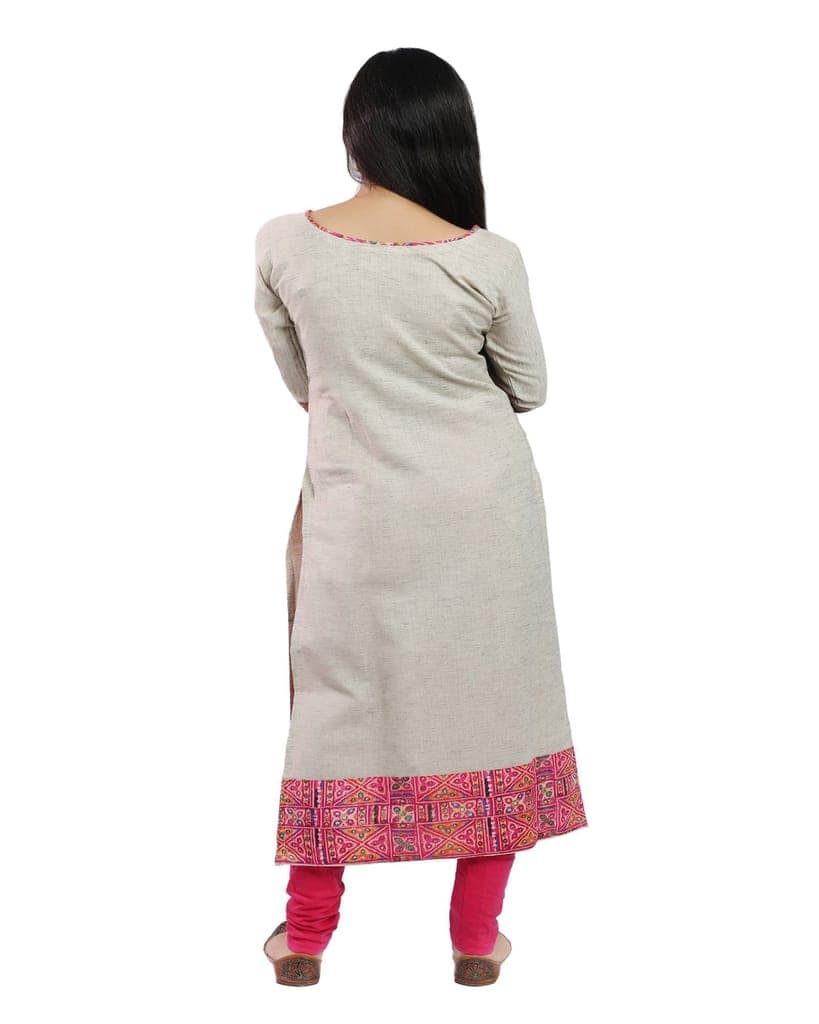 Off White Long Handloom Cotton Kurti With Hand Embroidery view 3