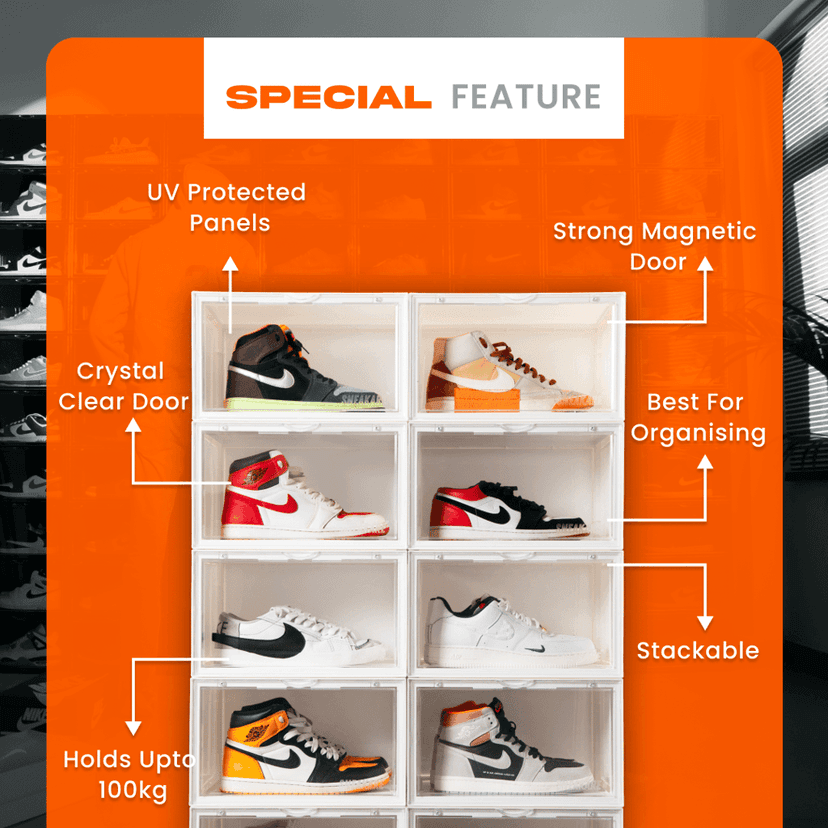 SNEAKARE Shoe Storage Organizer (White), Heavy-Duty Sneaker Box, Stackable Storage Box with Magnetic Closure, Multipurpose Large Storage Box, Fits Size UK14, Plastic view 2