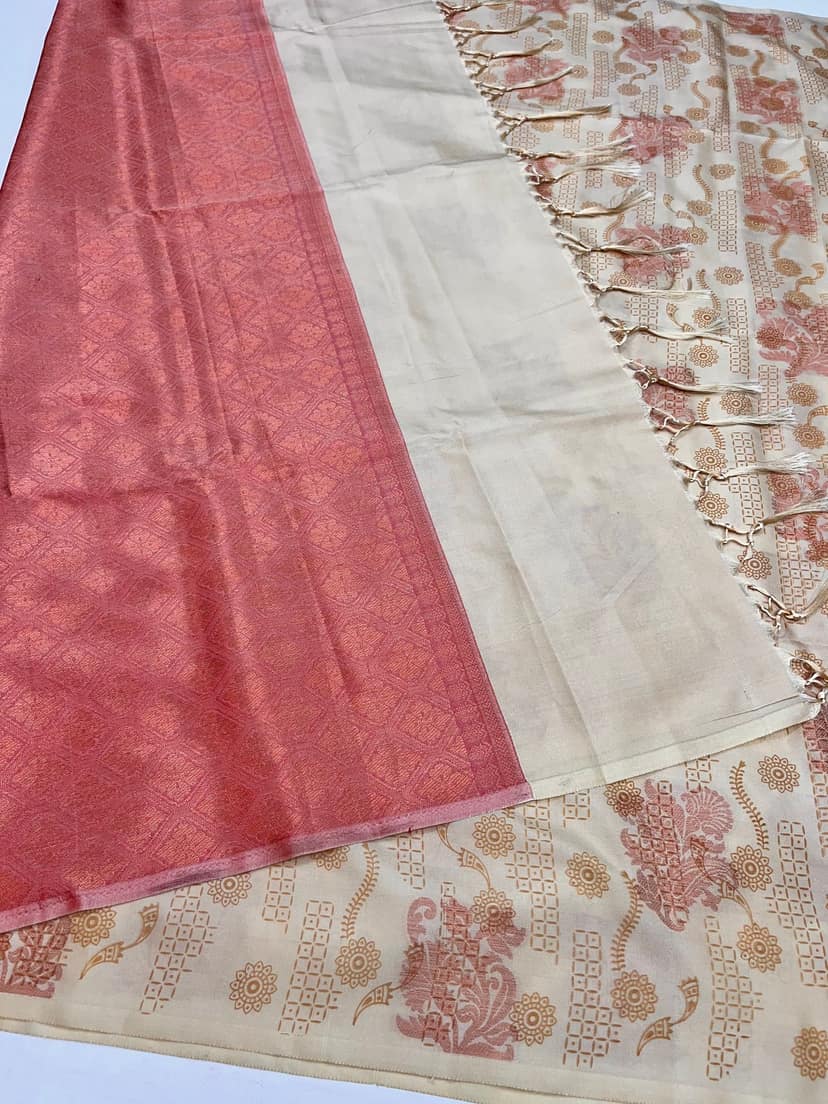 Cream Color Soft Silk Saree with Unstitched Blouse view 3