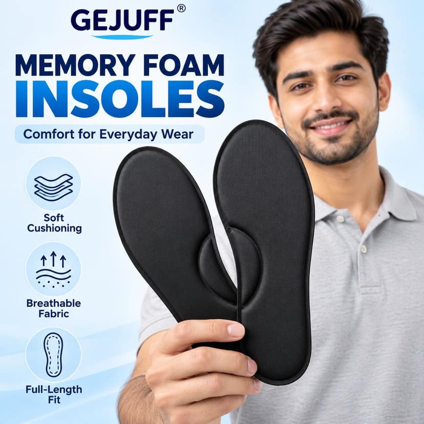 GEJUFF Premium Memory Foam Insole | Arch Support Shoe Inserts for Men & Women | Comfortable Breathable Cushioning Pads for Walking & Running (1 Pair, Black) view 4