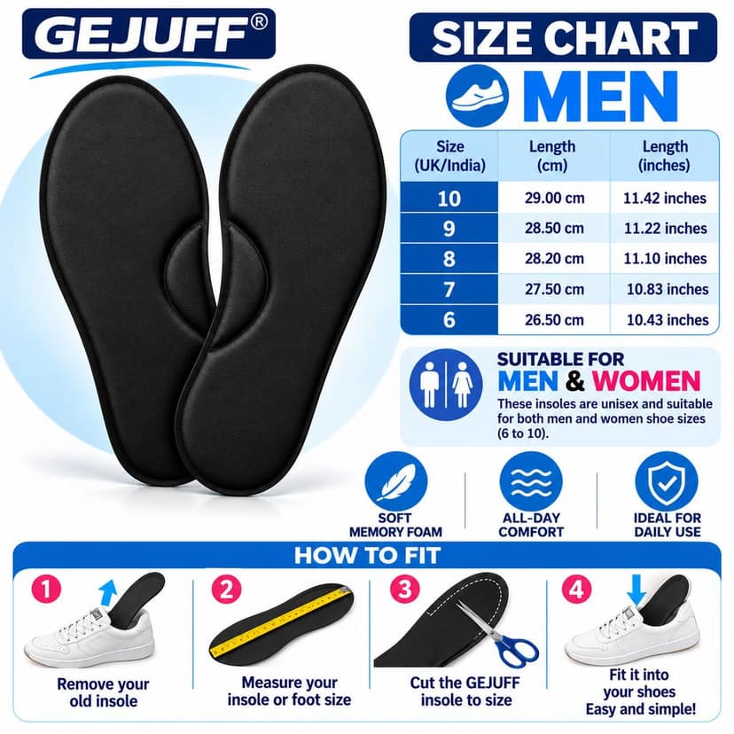 GEJUFF Premium Memory Foam Insole | Arch Support Shoe Inserts for Men & Women | Comfortable Breathable Cushioning Pads for Walking & Running (1 Pair, Black) view 6
