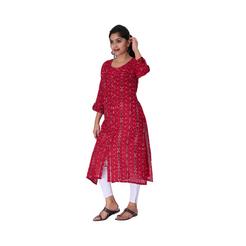 GHL GUENDICHA HAAT Sambalpuri Certified Handloom Women's Pure Cotton Round Neck Front Slit Kurta view 4