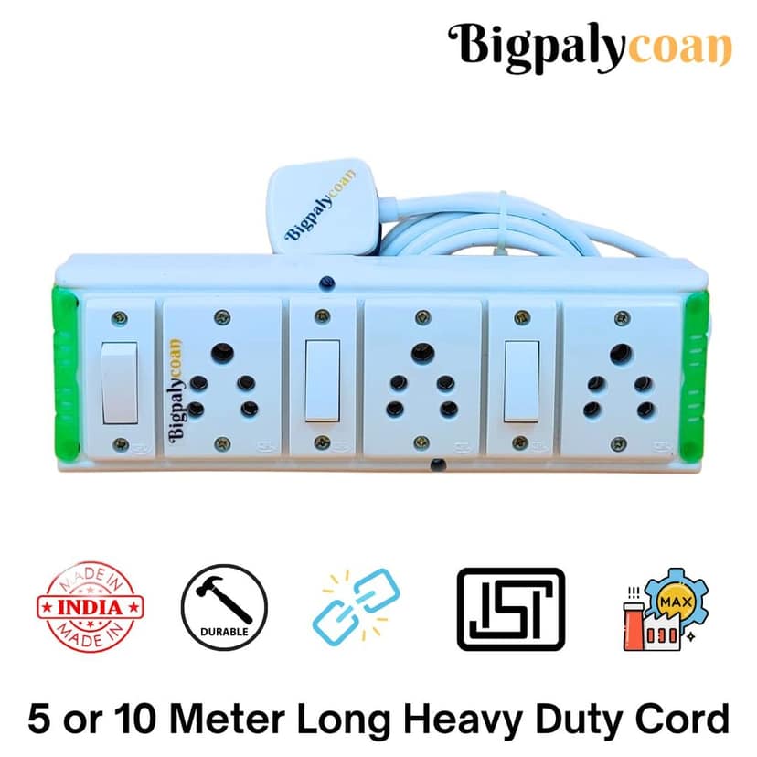 Bigpalycoan 3 Way Electric Extension Board with Individual Switch Heavy Duty Long Cord (Max. Rating 1200W- 230V) PVC Green-White view 2
