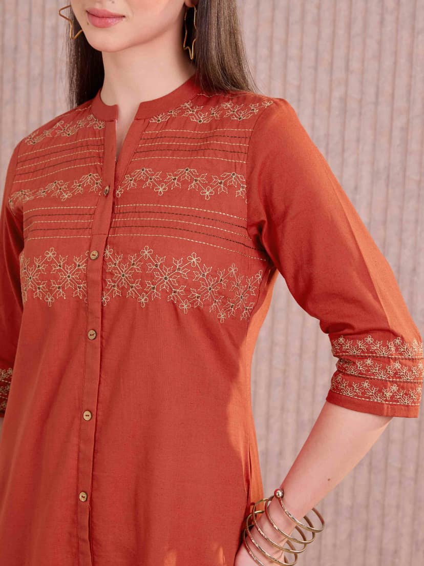 Brick Red Cotton Flax Kurti With Embroidery view 2