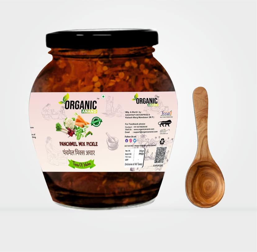 Organic Anand Natural Panchmel Pickle (Mixed Veg Aachar) Beetroot, Mooli, Matar Gajar, Gobhi, Shalgam ka Achar, Homemade Aachar with Neemwood Spoon (350gm, Pack of 1) view 3