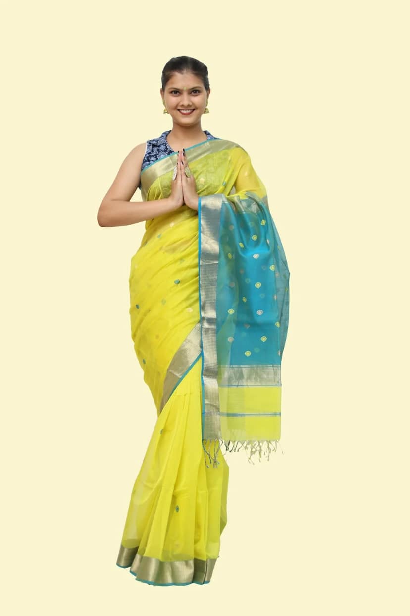 Vibrant Yellow Drop motif handloom Saree with Tassels view 3