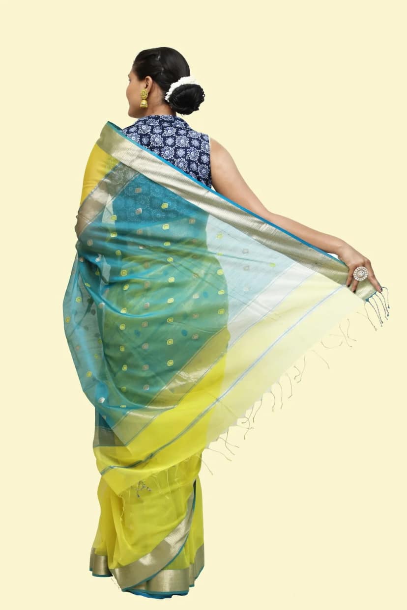 Vibrant Yellow Drop motif handloom Saree with Tassels view 4