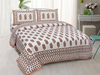 Lali Prints White Brown Ethnic Motifs Cotton 130 TC Queen Bedsheet with 2 Pillow Covers