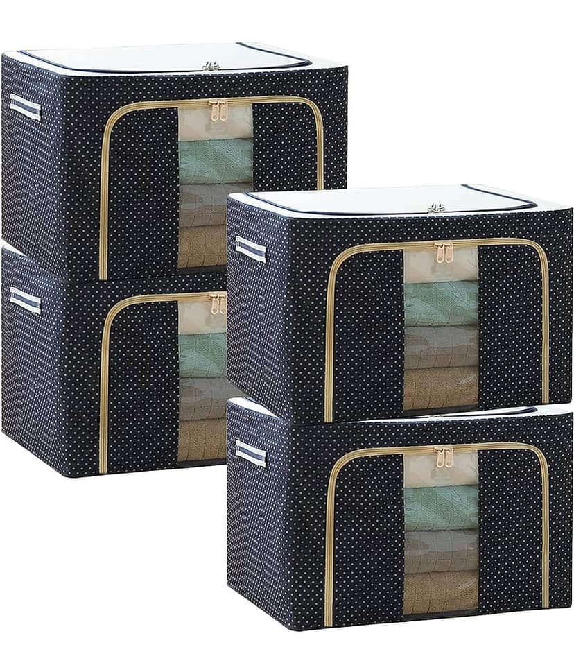 SKYVILLA 66 LTR Foldable Steel Frame Cloths Zip Organizer Bag and Oxford Fabric Storage Living Cover Boxes For Wardrobe Shelves Clothes, Sarees, Bed Sheet, Blanket (Blue Polka, 66 Ltr - Pack of 4)