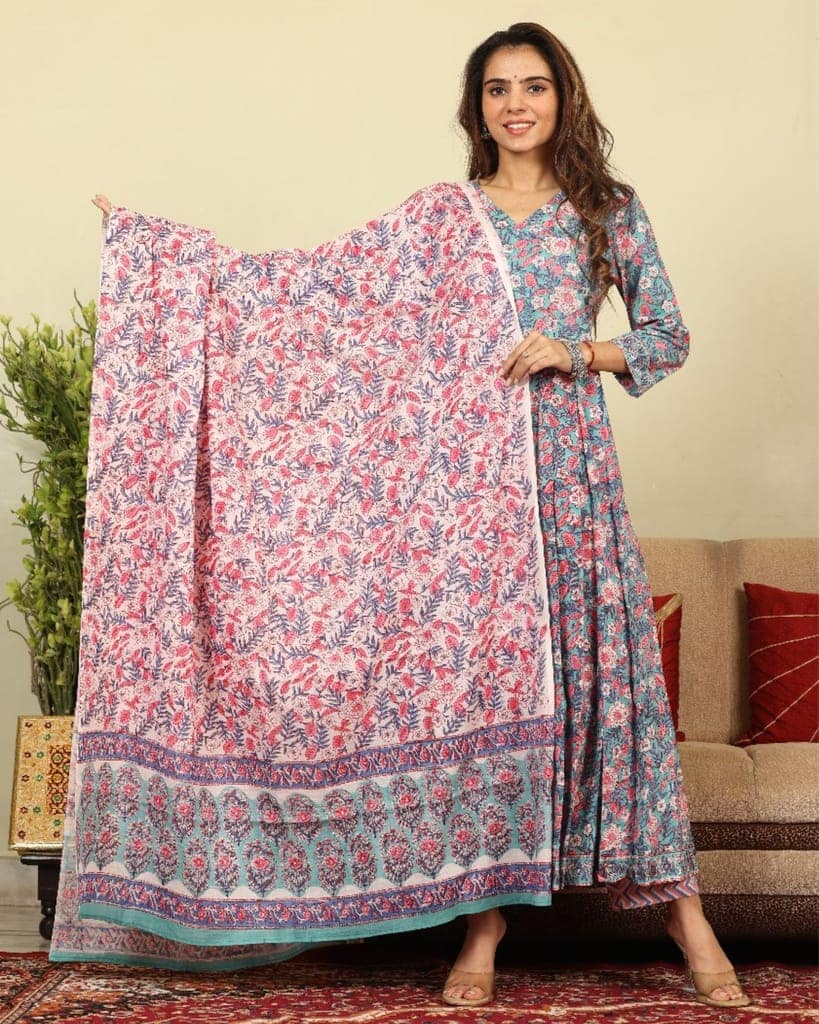 Anarakali Kurti Set Sky Blue Color Bagru Handblock print with Mulmul Dupatta-1454 view 3