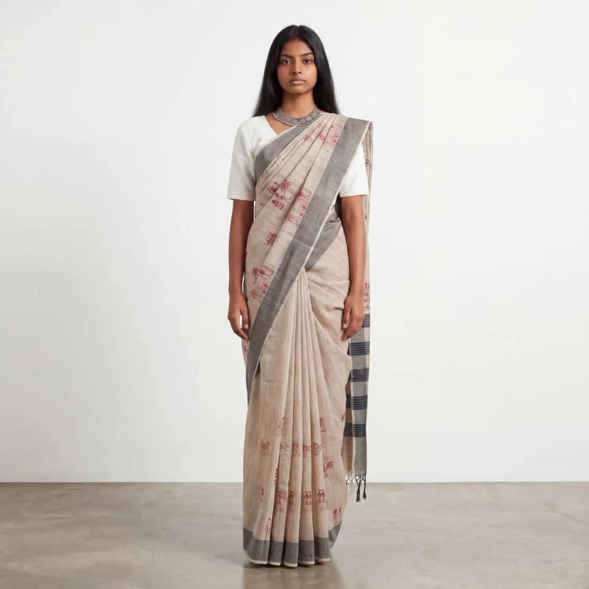 Handwoven Sambalpuri Cotton Ikat Saree in Beige with Charcoal Border