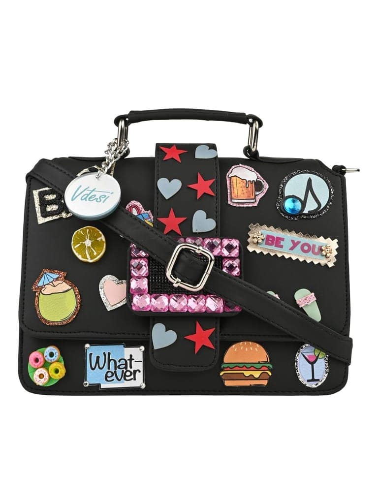 Vdesi Black Pop Badges Belt Sling Bag