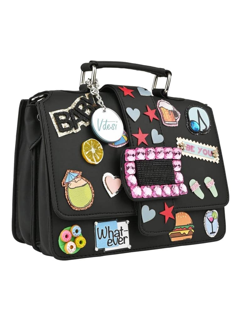 Vdesi Black Pop Badges Belt Sling Bag view 2