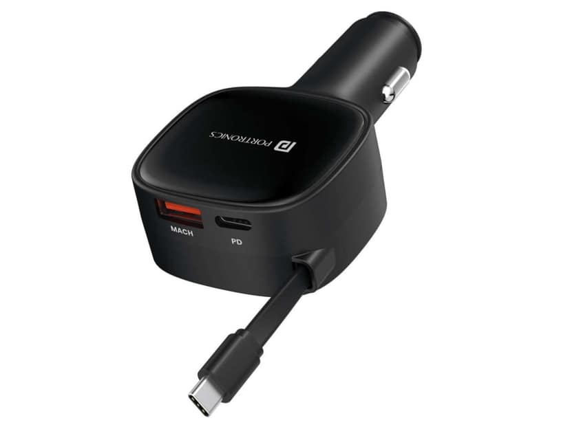 Portronics Car Power Retracto 84W Total Output, 18W USB Type-A, 33W Type-C, 33W Retractable Type-C Cable