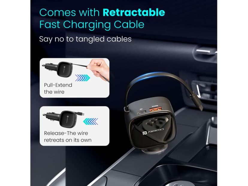 Portronics Car Power Retracto 84W Total Output, 18W USB Type-A, 33W Type-C, 33W Retractable Type-C Cable view 3