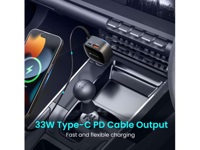 Portronics Car Power Retracto 84W Total Output, 18W USB Type-A, 33W Type-C, 33W Retractable Type-C Cable view 4