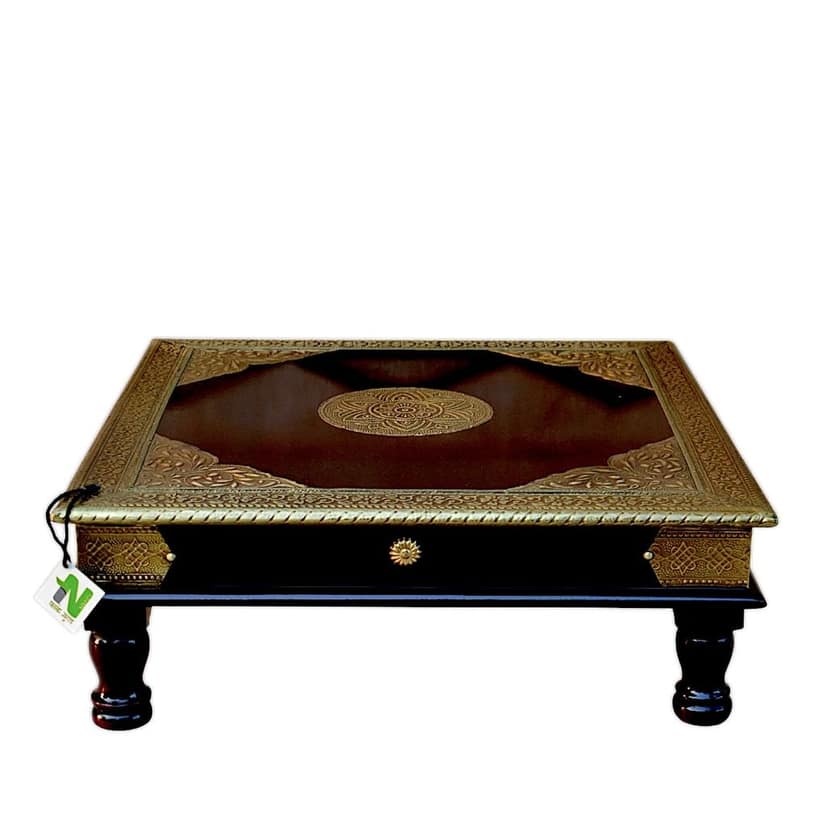 Handcrafted Wooden Pooja chowki /Coffee Table with Ornate Metal Inlay / brass fited view 2