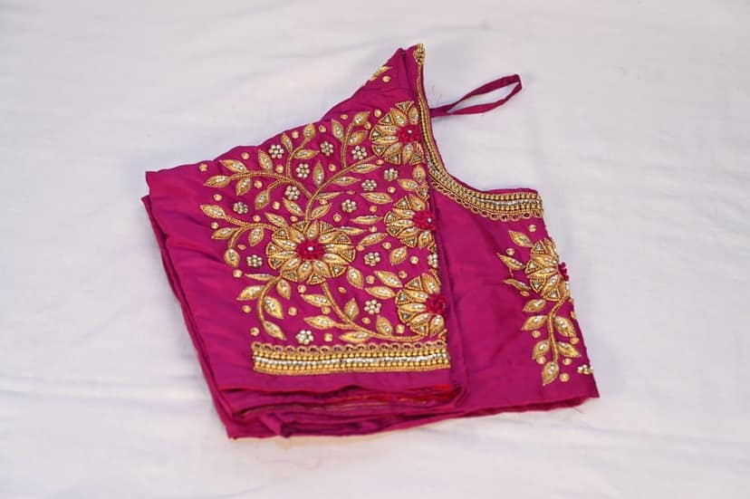 Hand Embroidered Pink Silk Saree Blouse with Zari and Stone Work view 3