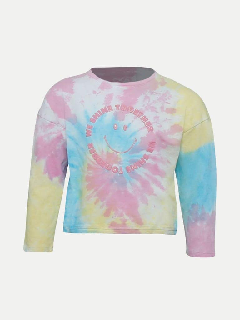 Teen Girls Multicolor Tie-dye Smiley Slogan Crew Neck T-shirt