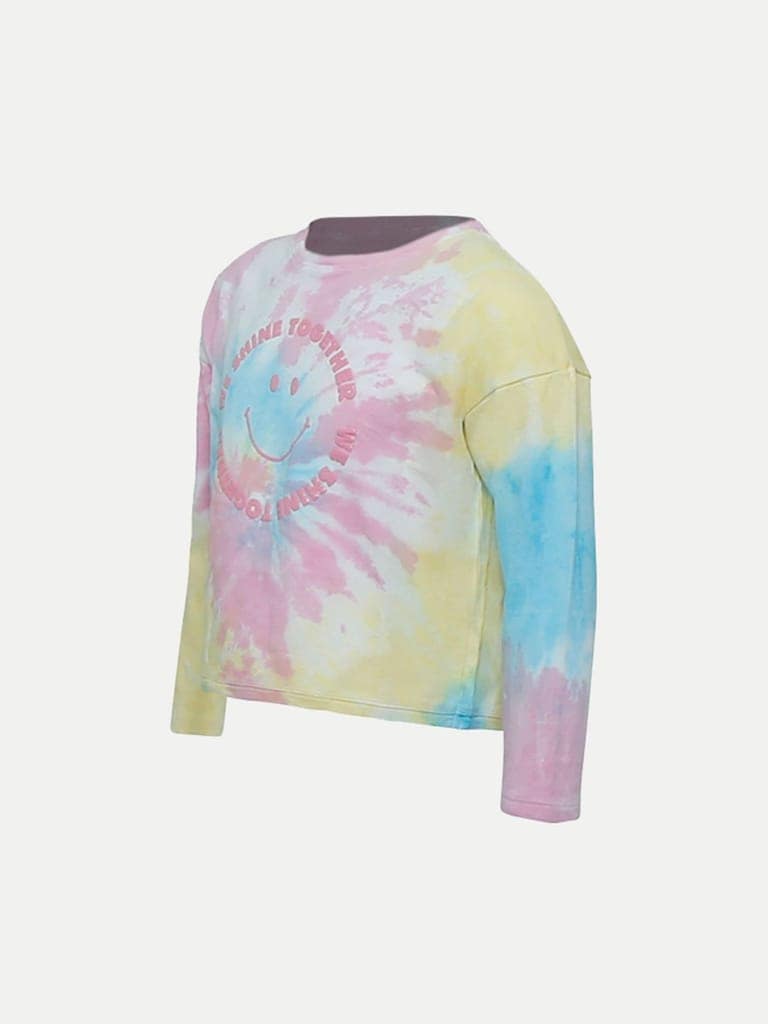 Teen Girls Multicolor Tie-dye Smiley Slogan Crew Neck T-shirt view 2