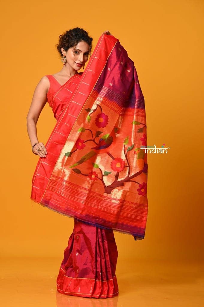 Param Sundari EXCLUSIVE~ Handloom Pure Silk Maroon Muniya Border Paithani Saree with Parrot Pallu view 6