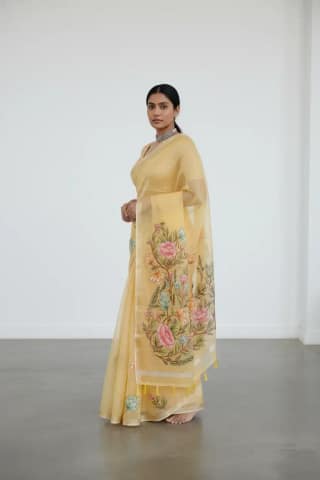 Mustard Kota Doria cotton-silk saree with block-print florals and zari border
