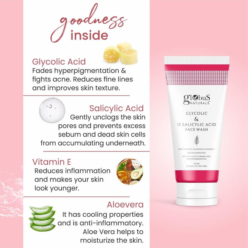 Globus Naturals Glycolic & 1% Salicylic Acid Face wash, 100 ml view 3