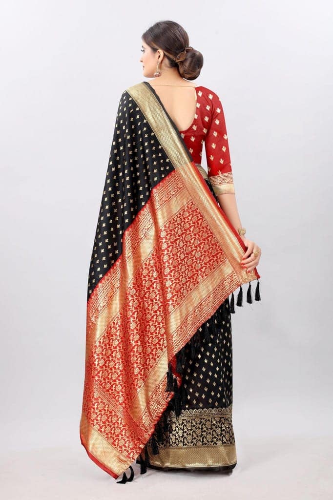 Women'sBlackBanarasiSilkWovenDesignSaree view 3