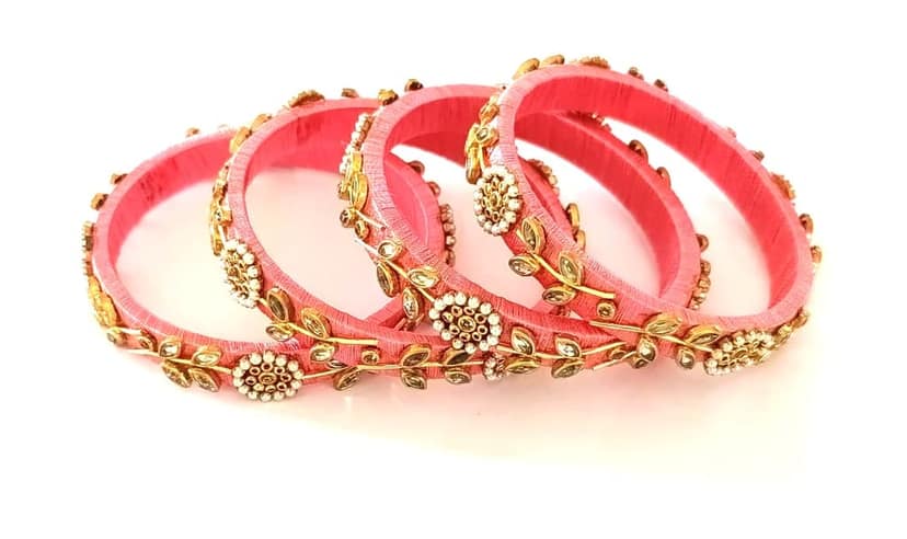 Elegant Pink Silk Thread Bangles with Kundan & Pearl Floral Design - Set of 4