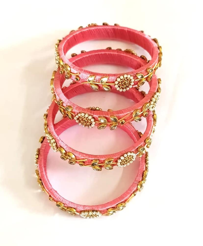 Elegant Pink Silk Thread Bangles with Kundan & Pearl Floral Design - Set of 4 view 3