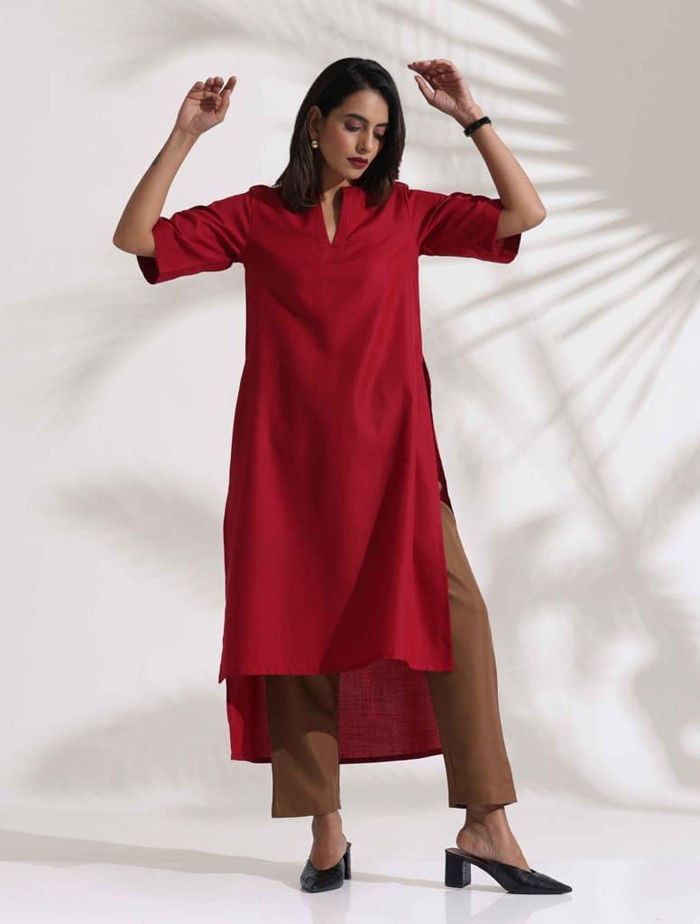 trueBrowns Maroon Slub Highslit Kurta Set - Maroon (S)