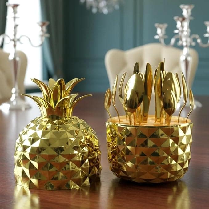 Pineapple-Shaped Gold Stainless Steel Cutlery Set with Decorative Holder view 3