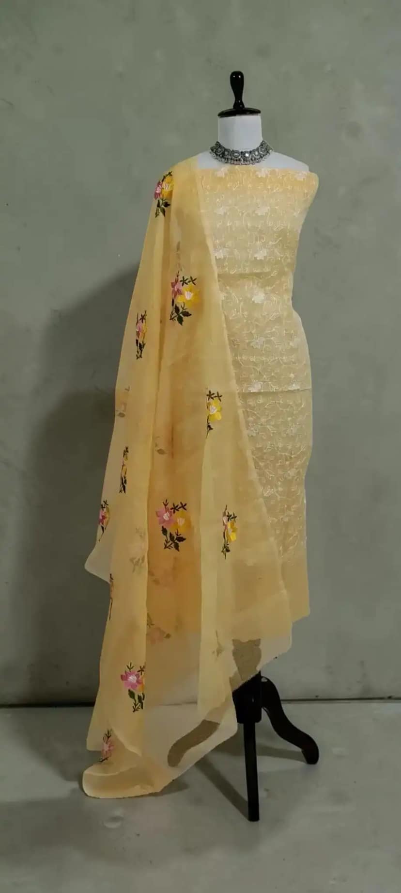 Kota Doria Cotton-Silk Dress Material with Hand Embroidery, Pale Biscuit