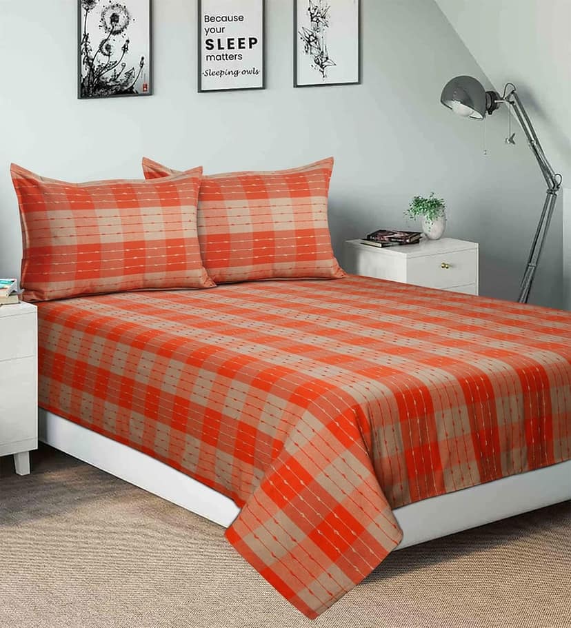AIRWILL, 200GSM Handloom Cotton Double Bedsheet with 2 Pillow Covers, Beast Dobby Designed Orange and Beige - Pack of 3 pcs view 2