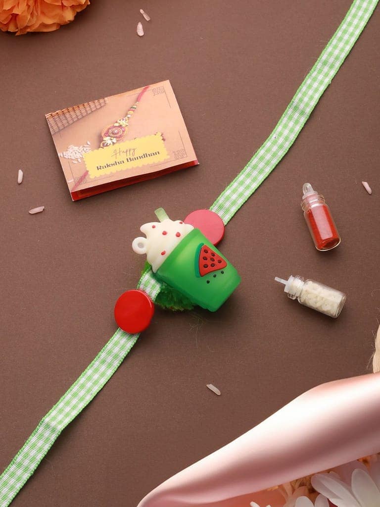 Green Ice Cream Shape Toy Ribbon Rakhi For Kids With Roli Chawal