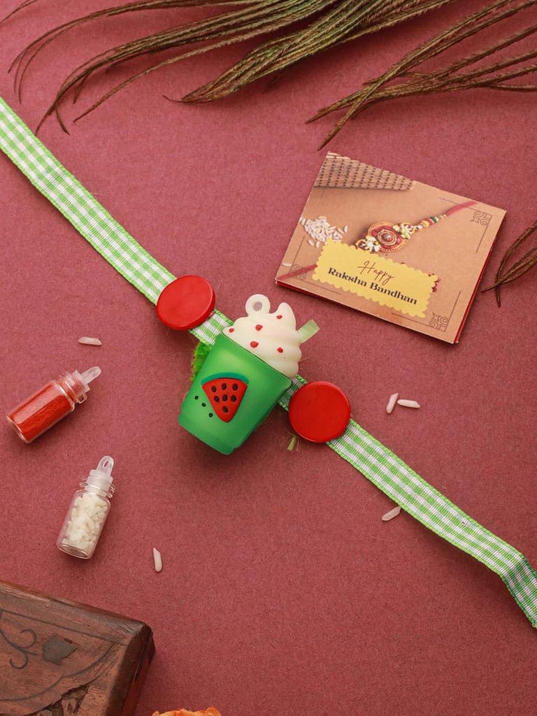 Green Ice Cream Shape Toy Ribbon Rakhi For Kids With Roli Chawal view 2