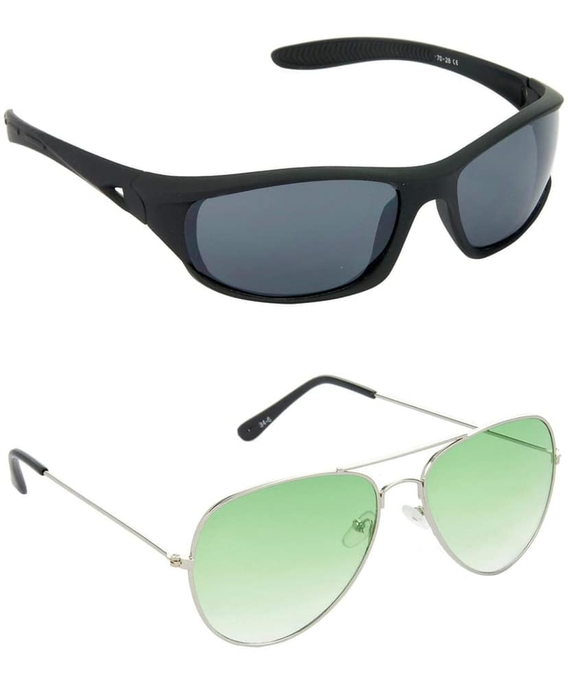 HRINKAR Men Sports Sunglasses Black & Silver Frame, Grey & Green Lens (Medium) - Pack of 2