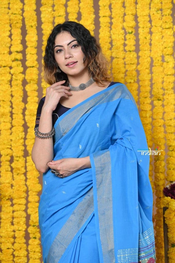 Rajsi~Handloom Pure Cotton Paithani With Asawali Pallu~Cerrulean Blue view 4