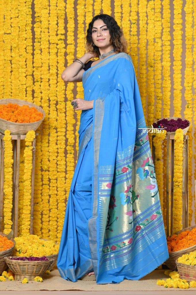 Rajsi~Handloom Pure Cotton Paithani With Asawali Pallu~Cerrulean Blue view 5