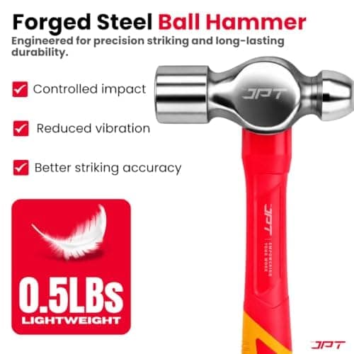 JPT 0.5 lb Ball Peen Hammer (Ball Pein) | Forged Steel Head with Fiberglass Handle | Precision Metal Work & Mechanic Tool view 3