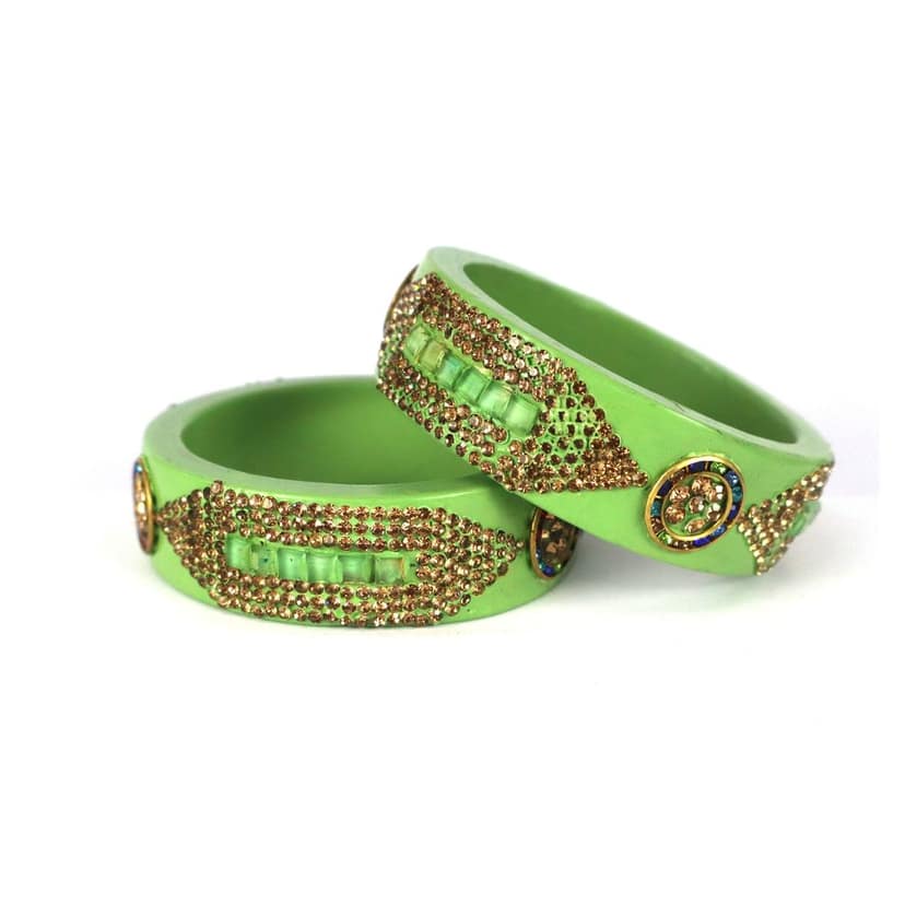 FHS Crystal Work Rajasthani Lac Bangles - Parrot Green view 2